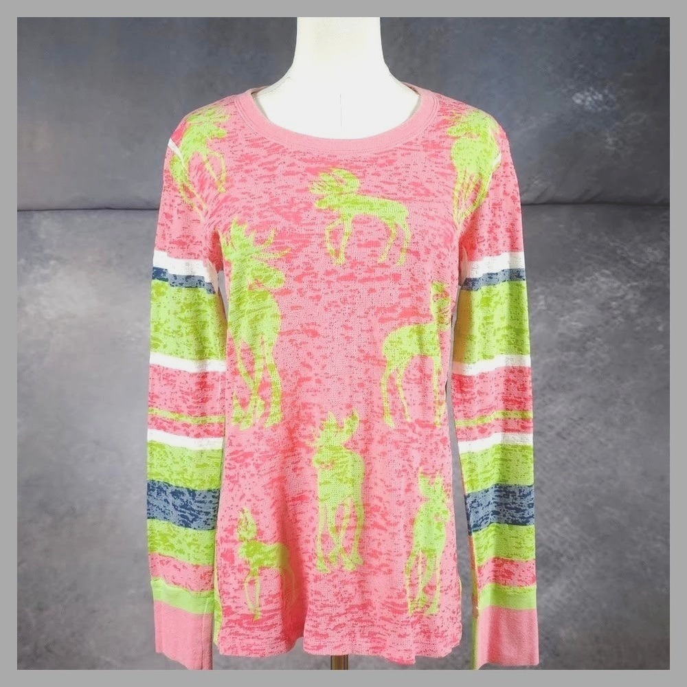 Whimsy Rose Burnout Thermal Top L Pink Green Moose Graphic Stripe Boho